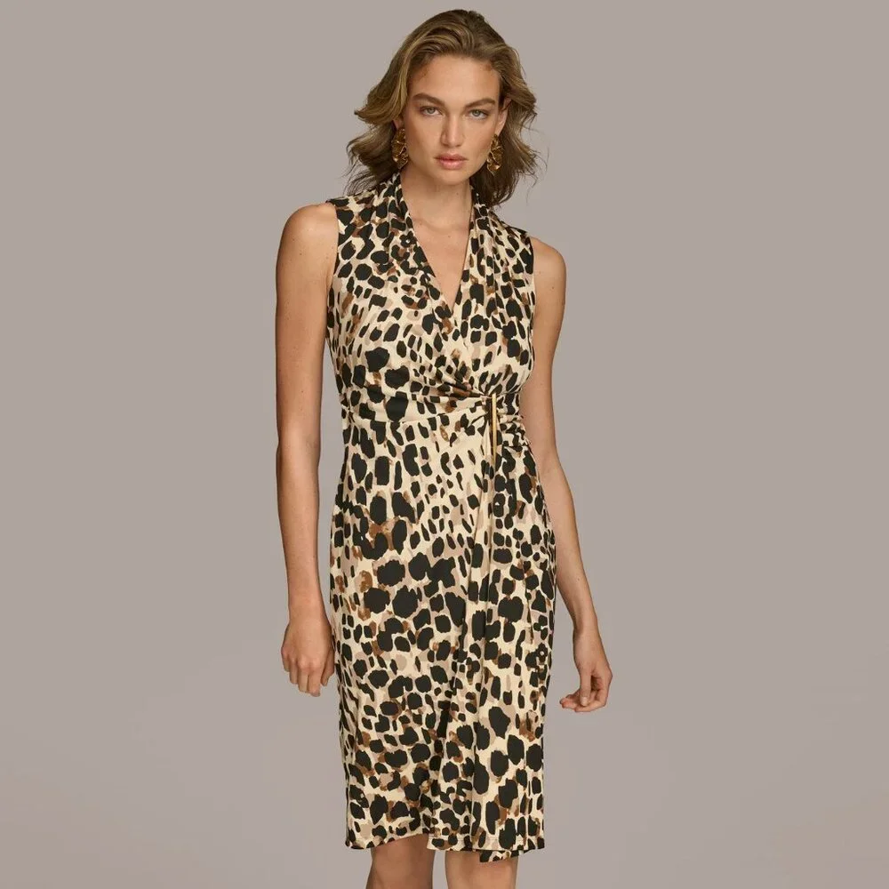 NWT Donna Karan V-NECK LEOPARD MIDI Sleeveless Dress.  SZ 10